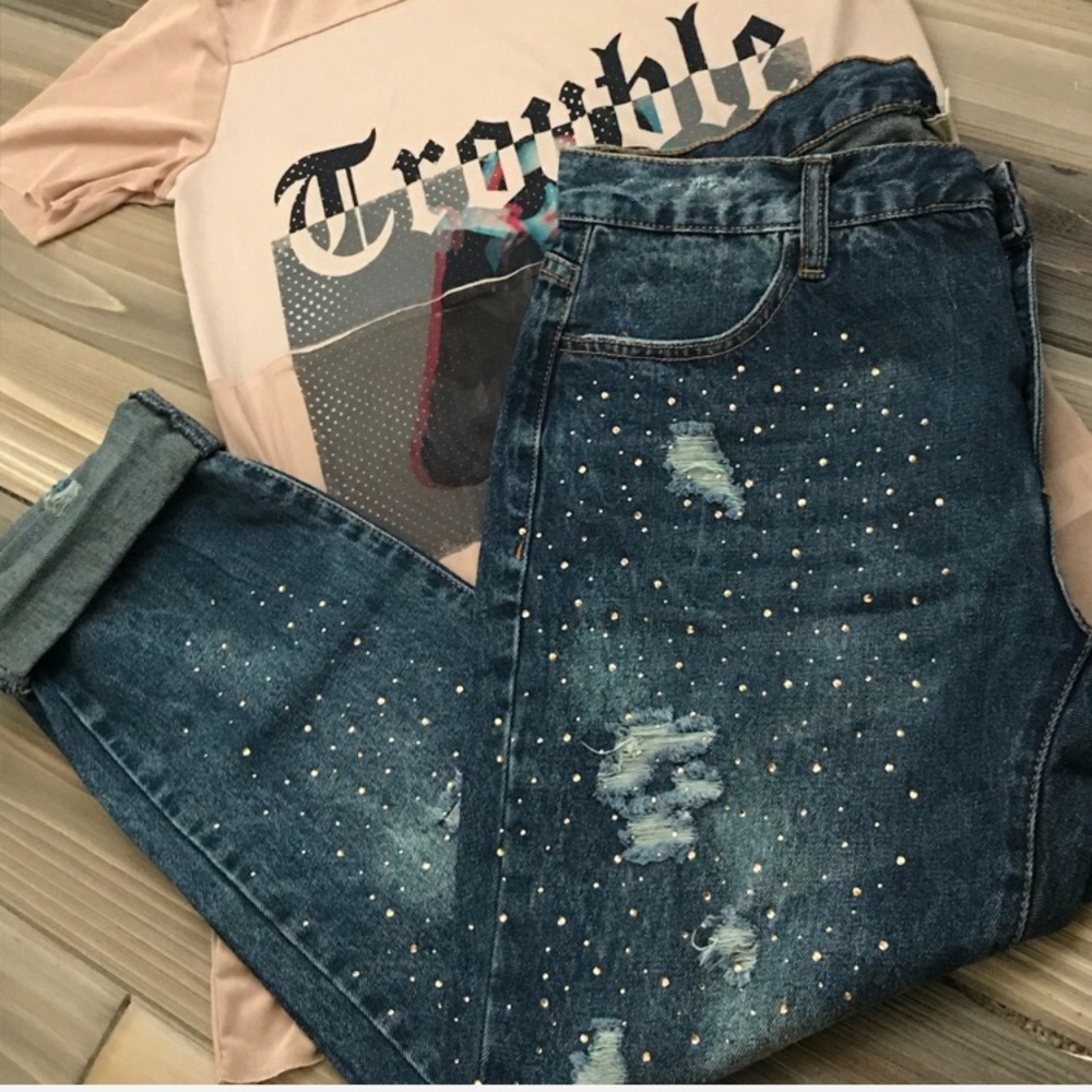 Embellished and distressed jeans